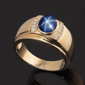 14k gouden herenring saffier, massief 925 sterlingzilver, Lindy-sterring voor heren, 7 x 9 mm ovale cabochon-edelsteen, cadeau voor hem