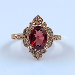 Oval Rhodolite Garnet Rose Gold Ring: CZ Diamond Halo, January Birthstone