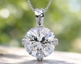 2 Carat Round Moissanite Solitaire Pendant, 14K Gold Necklace