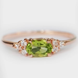 antique peridot ring, peridot diamond ring, august birthstone ring, sterling silver, 5×7mm gemstone and 2mm tiny Cz diamonds