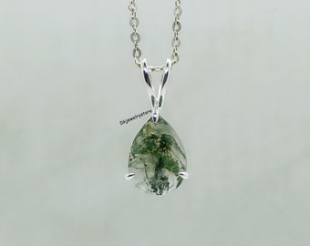 Natural Moss Agate Silver Necklace, Amazing Green Moss Agate Pendant, 925 Silver Necklace, Moss Agate Necklace Chain, Gift for Her