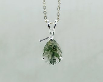 Teardrop Moss Agate Pendant: 925 Sterling Silver Necklace
