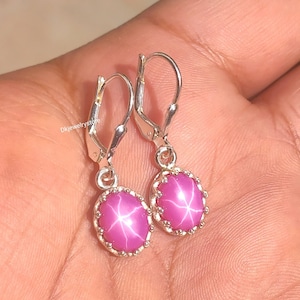 Pink Lindy Star Sapphire Earring, Dainty Star Earring, Lever Back Lock, Dangle Earrings, 925 Sterling Silver Jewelry