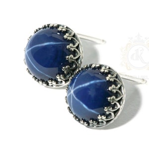 8mm Round Blue Lindy Star Sapphire Stud Earring, Mothers Day Gifts, 925 Sterling Silver, Blue Star Sapphire Earrings, Lindy Star Studs