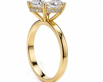 3 Carat Round Moissanite Engagement Ring: Hidden Halo, 14k Gold