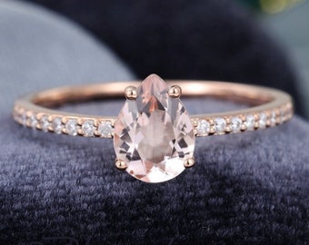 Peach Pink Morganite Solitaire Engagement Ring, Vintage Morganite Ring, 7×10 mm Pear Shape, 14k Rose gold, Art Deco Wedding Ring
