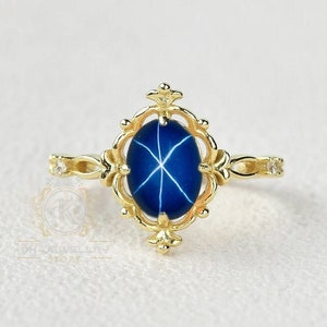 Star Sapphire Ring 10k Yellow Gold Handmade Blue Lindy Star Gemstone Anniversary & Christmas Gift