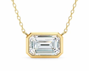 Bezel Set Emerald Cut Moissanite Solitaire Necklace, 925 Sterling Silver, Diamond Pendant For Her