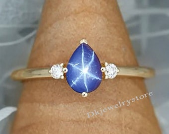 14k Gold Pear Shape Star Blue Sapphire Ring, Star Gemstone, Pear Lindy Star Ring, Star Engagement Ring, Star Gold Ring