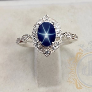 14k Gold Blue Star Sapphire Ring: Lab Created Gemstone Engagement Ring
