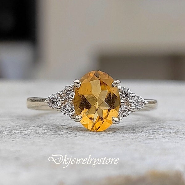 Vintage Citrine Ring, Natural Citrine Ring, Citrine Ring Sterling Silver, Cyber Week Sale, 6×8 Mm Gemstone and 2.0 Mm Cz Diamonds