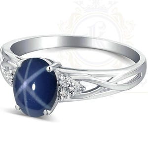 Blue Star Sapphire Stacking Ring, 6 Rays Star Gemstone, Oval Lindy Star Sapphire, 925 Sterling Silver, Star Gemstone Jewelry