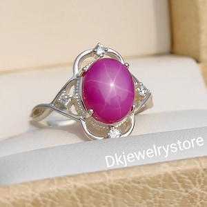 Pink Star Sapphire Ring: Deco Sterling Silver Promise Ring