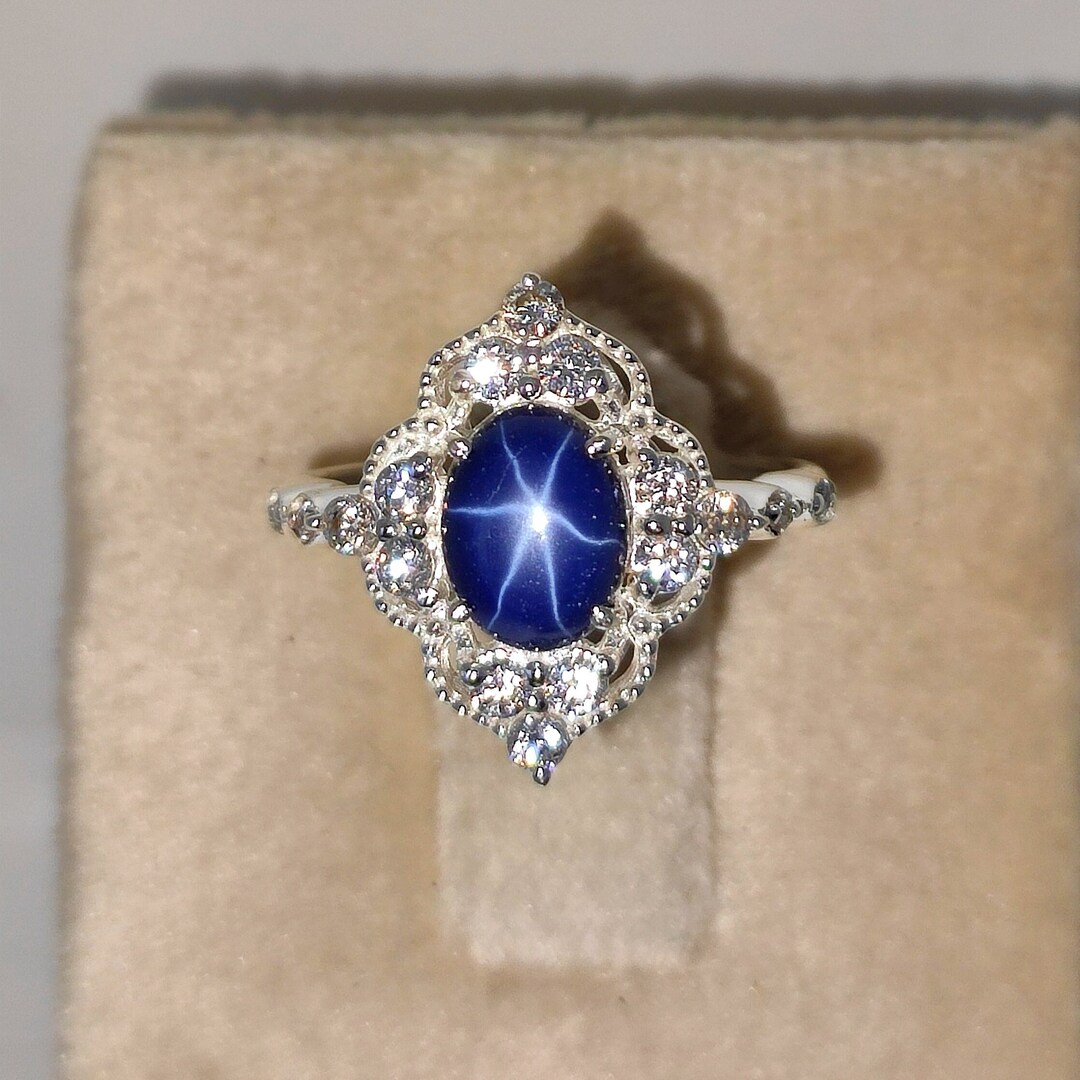 Blue Star Sapphire Ring, 6 Rays Star Sapphire, Blue Star Sapphire, 925 ...