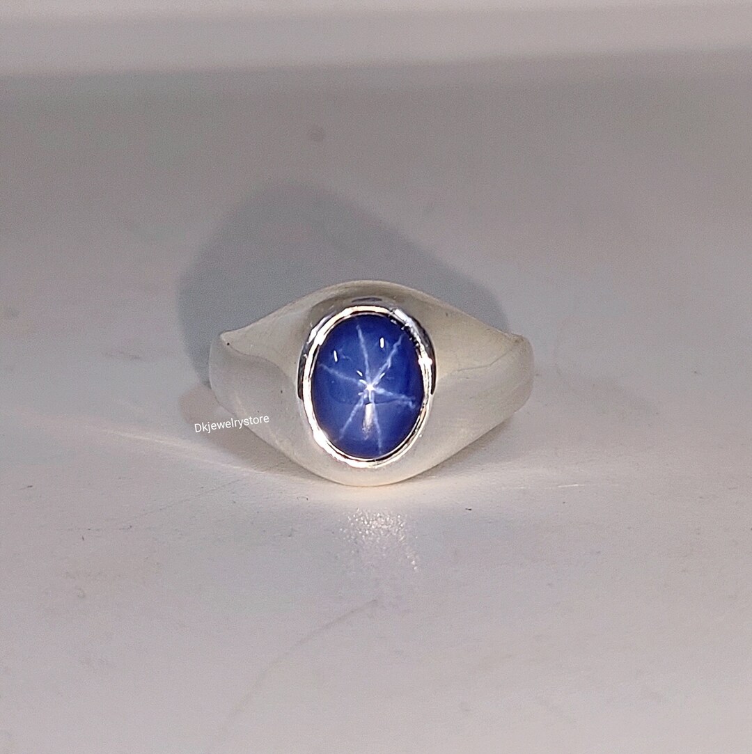Men's Blue Star Sapphire Ring, Star Gemstone, Lab Created Lindy Star