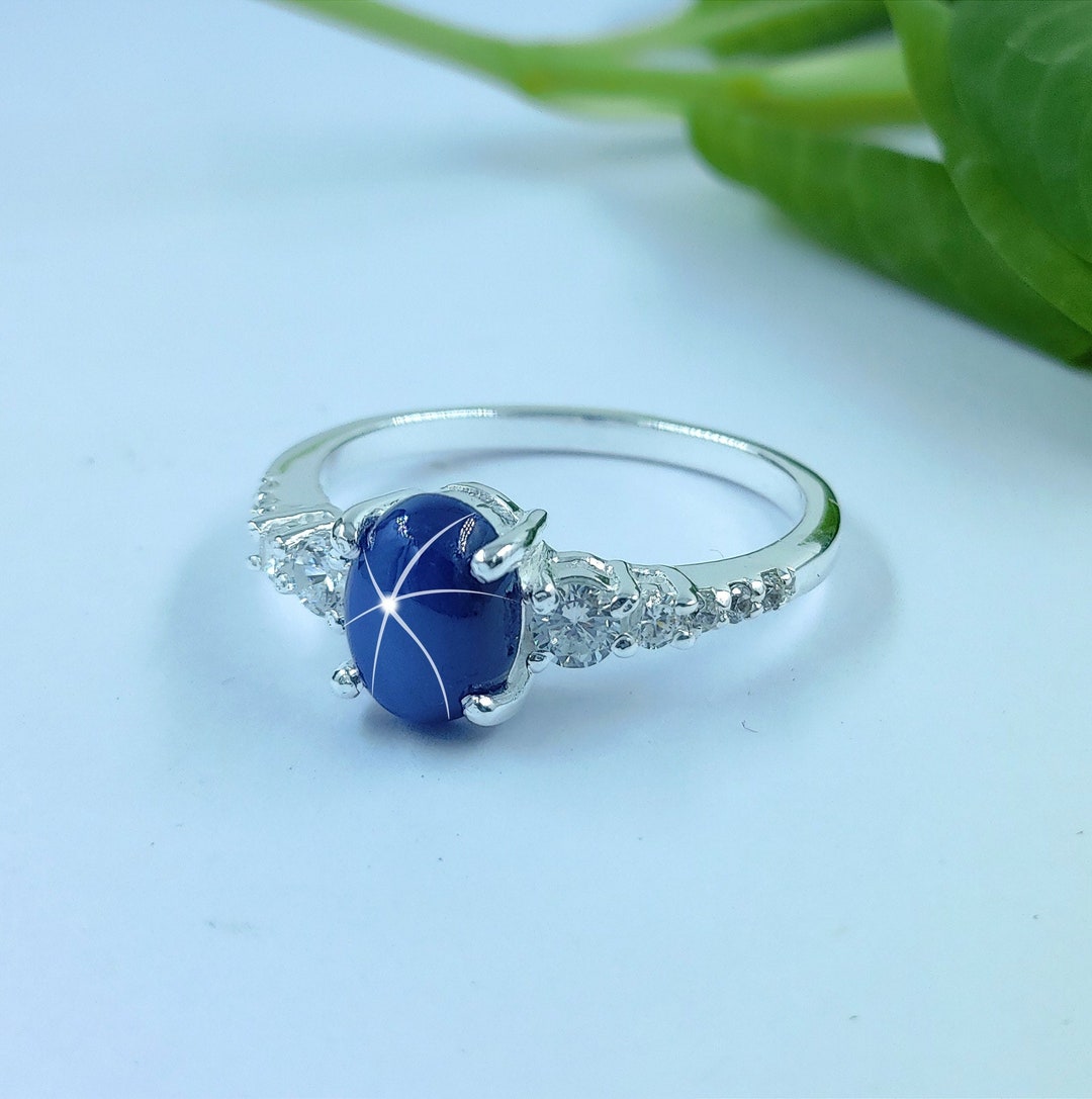 Blue Star Sapphire Solitaire Ring, Star Gemstone, Lab Star Sapphire ...