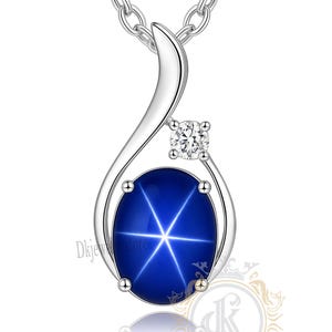 Blue Star Sapphire Pendant Necklace: Sterling Silver, CZ Diamond Accent