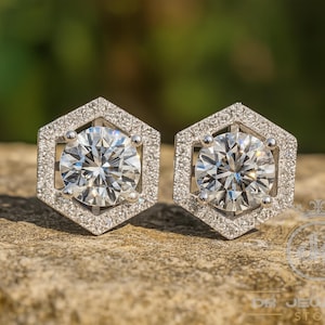 Hexagon Halo Moissanite Stud Earrings, Round Cut 2.00ctw, White Gold Look, Dainty Cluster Earrings, Modern Gift for Her
