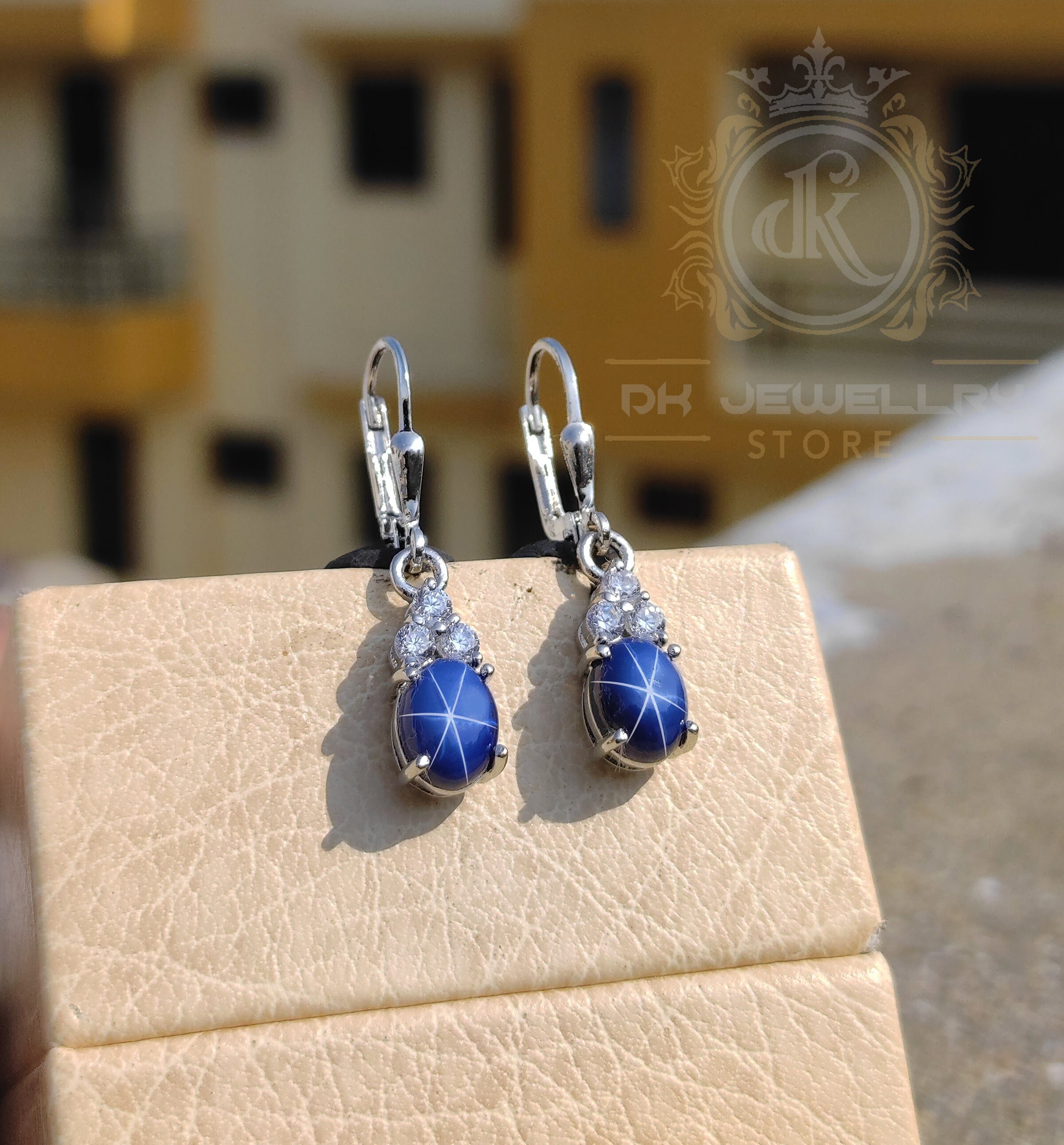 Boucles D'Oreilles Argent 925 Avec Saphir Étoilé Bleu - Pendantes Ovale