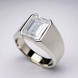 Bague moissanite taille émeraude, alliance en argent sterling pour homme, bague de fiançailles moderne sertie clos, 8 x 10 mm Moissanite