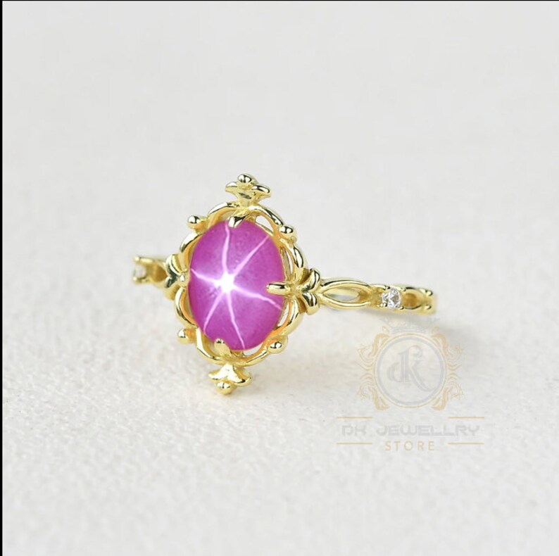 10k Yellow Gold Star Sapphire Ring, Pink Lindy Star Sapphire, Handmade Ring, Weeding Gift, Star Gemstone, Christmas Gifts image 4
