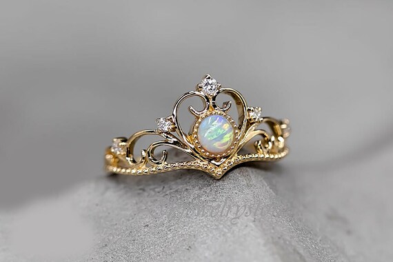 14k Gold 8mm Round Australian Opal Crown Ring 14k Gold 8mm Round Australian Opal Crown Ring