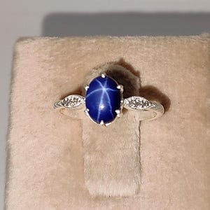 Blue Star Sapphire Ring: 925 Sterling Silver, CZ Diamonds