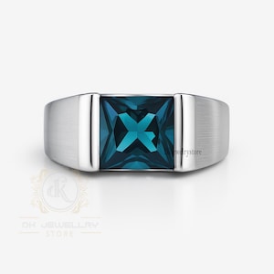 Men’s Princess Square Cut London Blue Topaz Ring, Modern Half Bezel Set Band in 925 Sterling Silver, Birthstone Gift for Him