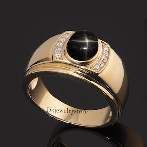 14k Black Star Diopside Ring for Men: Oval Gemstone