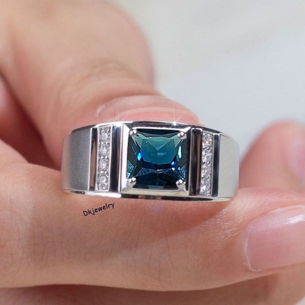 Square London Blue Topaz Men's Ring, Princess Square Gemstone, Birthstone Ring, 925 Sterling Silver, Gift for Him