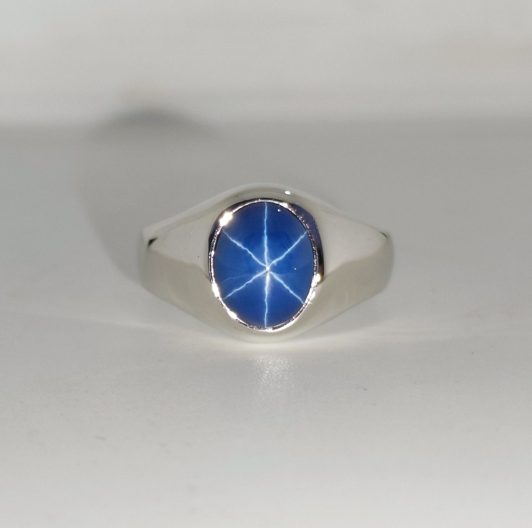 Men's Star Sapphire Ring, Blue Star Gemstone, Lab Created Lindy Star