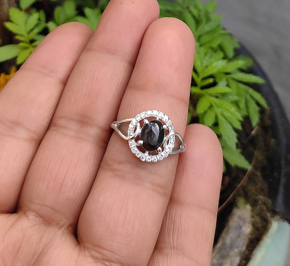 Natural Black Star Sapphire Diopside Ring Black Star Ring Star Gemstone 925 Sterling Silver 4 Rays Black Star Sapphire Gift For Mom