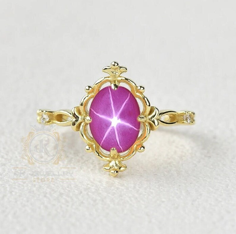 10k Yellow Gold Star Sapphire Ring, Pink Lindy Star Sapphire, Handmade Ring, Weeding Gift, Star Gemstone, Christmas Gifts image 1