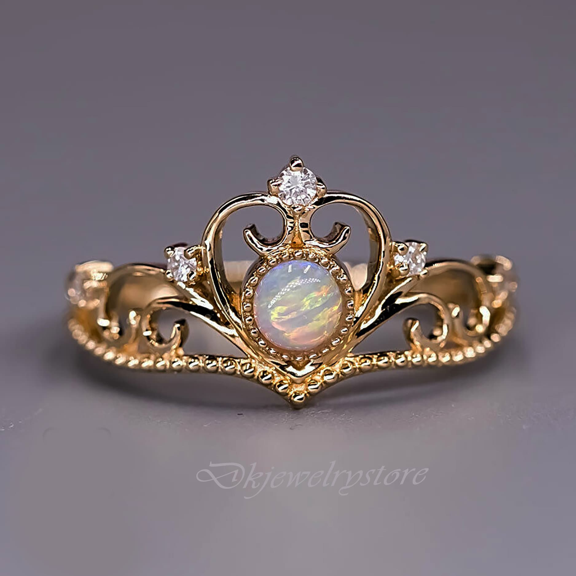 14k Gold 8mm Round Australian Opal Crown Ring 14k Gold 8mm Round Australian Opal Crown Ring