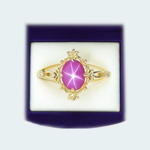 10k Yellow Gold Star Sapphire Ring, Pink Lindy Star Sapphire, Handmade Ring, Weeding Gift, Star Gemstone, Christmas Gifts image 3