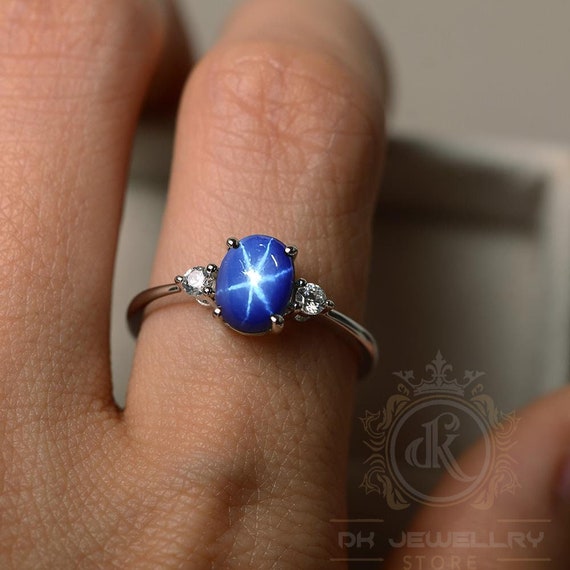 Blue star sapphire ring with diamonds deals