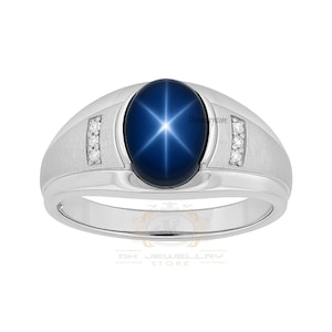 Blue Star Sapphire Ring: Sterling Silver, Moissanite Accents, July Birthstone
