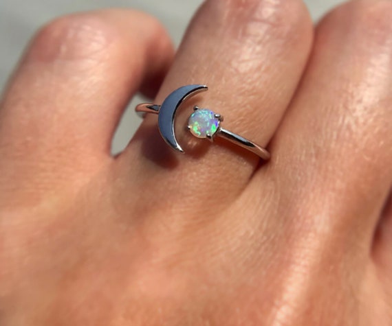 Opal Moon Ring Half Moon October Birthstone 925sterling Silver 5mm