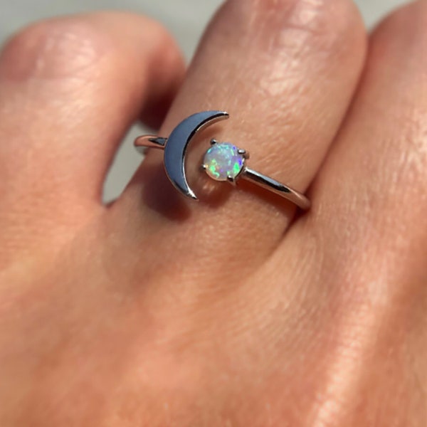 opal moon ring Half Moon  October birthstone 925sterling silver 5mm round Australian opal promise ring for couples