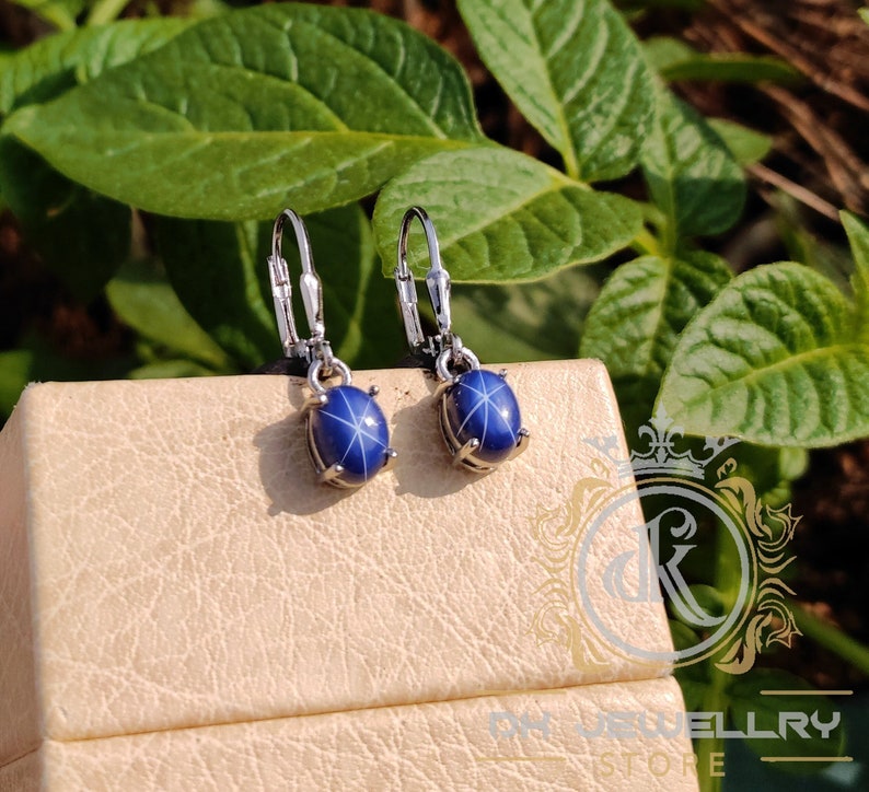 Lindy Star Sapphire Earring, Blue Star Sapphire Earring, Drop & Dangle Earring, Lever Back Earring, 925 Sterling Silver, Gift For Her image 1