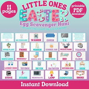 Op de afbeelding: Een 11-pagina's printbaar paaseieren-speurtocht spel met kleurrijke illustraties van huishoudelijke artikelen. Het spel bevat afbeeldingen van een bank, een televisie, een broodrooster, een bed, een klok, een badkuip, een gootsteen, een bureau, een fornuis, een trap, een magnetron, een lamp, een computer en schoenen.