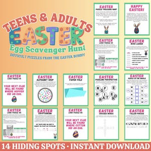 Peut inclure: Une chasse aux œufs de Pâques imprimable pour adolescents et adultes avec 14 cachettes. Le design coloré présente un lapin et le texte "Teens & Adults Easter Egg Scavenger Hunt".