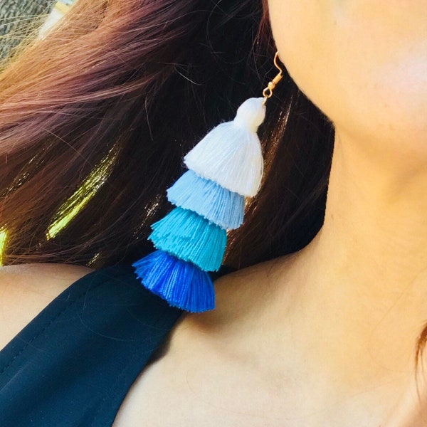 Tassel earring, Tiered tassel earrings, Blue tassel earrings, Long tassel earrings, Tassel earrings, Tassel Drop Earrings, Blue Tassel