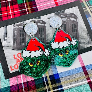 Grinch Christmas Earrings: Acrylic Santa Hat Dangle Earrings
