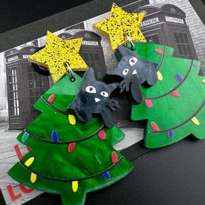 Christmas Tree Cat Dangle Earrings: Festive Acrylic Jewelry