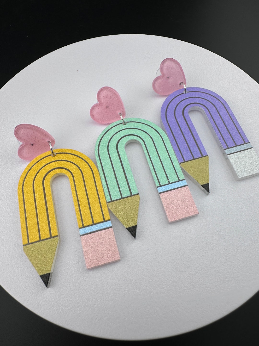 Wooden Teacher Earrings - Double Sided Pencil & Book Clip On Design