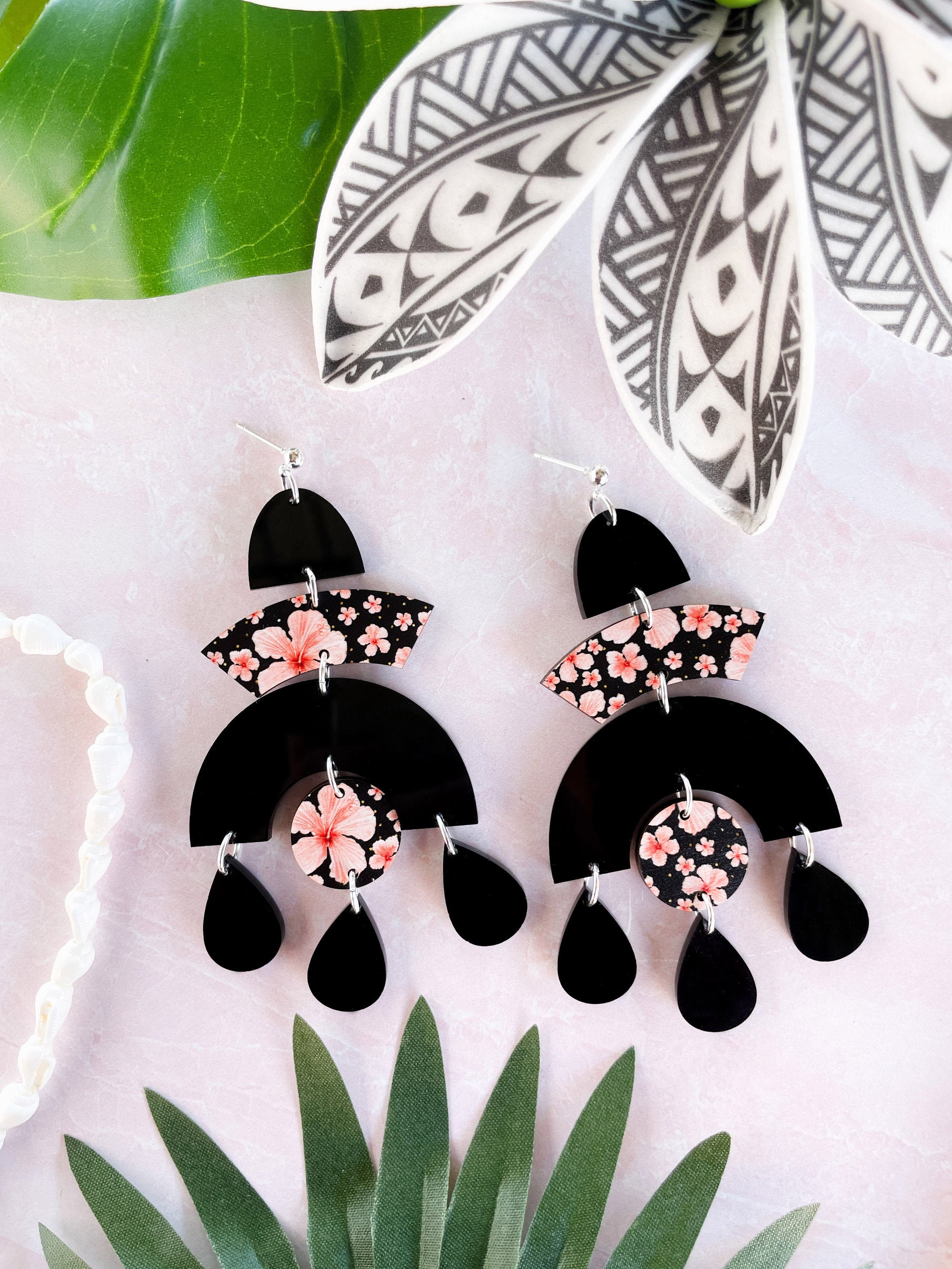 Baumelnde pinke und schwarze Hibiskus Ohrringe Polynesische | Etsy