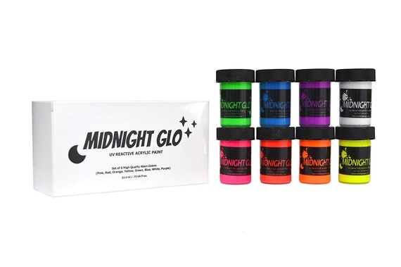 Midnight Glo Acrylic Paint Black Light Reactive Set of 8 Bottles0.75oz  Great for Crafts, Art & DIY Projects, Blacklight Party 