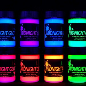 Midnight Glo Acrylic Paint Black Light Reactive Set of 8 Bottles(0.75oz) Great for Crafts, Art & DIY Projects, Blacklight Party