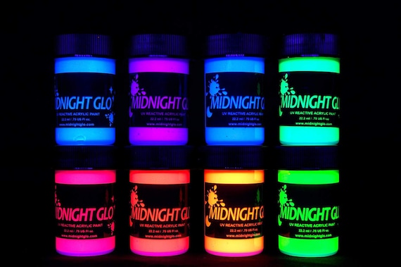 Midnight Glo Acrylic Paint Black Light Reactive Set of 8 Bottles0.75oz  Great for Crafts, Art & DIY Projects, Blacklight Party 